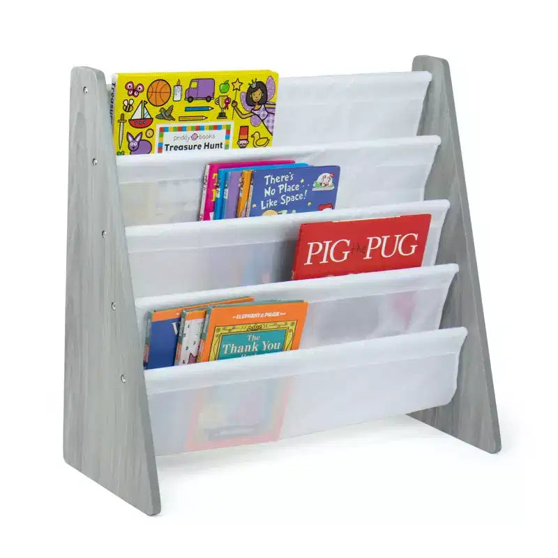 Gray 4-Tier Kids' Bookshelf with Fabric Pockets – 1 User