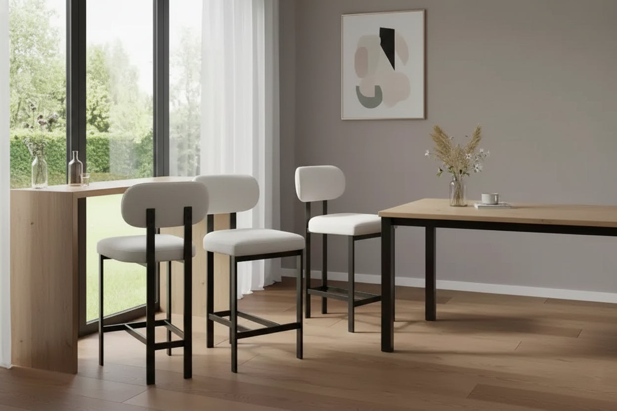 Set of Two 26 White and Black Fabric and Metal Counter Height Bar Chairs