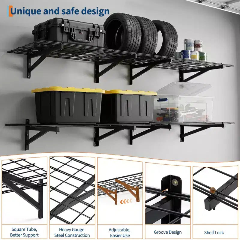 4-Pack 2x3ft Garage Shelving Floating Storage Shelves, Garage Shelving Wall Mounted, Updated 1400lbs Capacity Metal Garage Storage Shelves