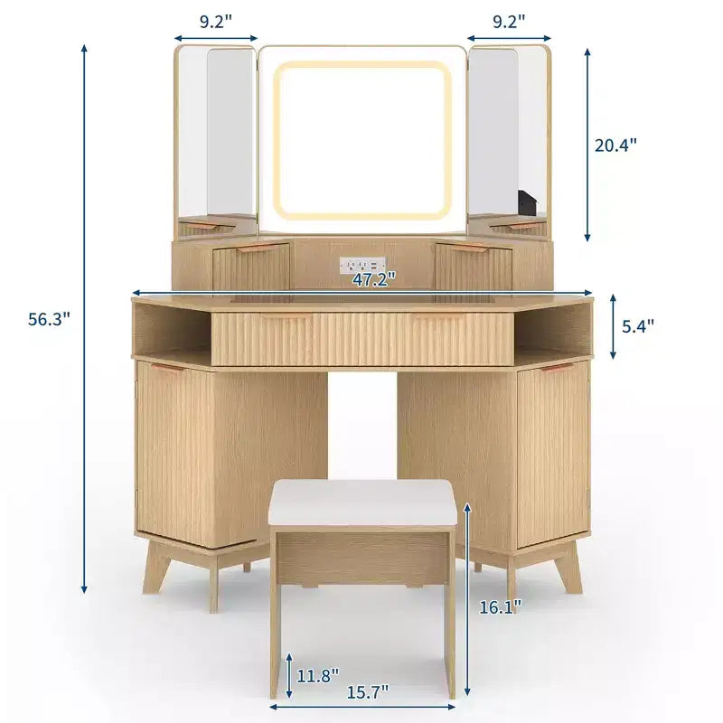 Corner Makeup Vanity Desk, Modern Vanity Desk, Fluted Makeup Vanity Desk, Clear Glass Top, for Living Room