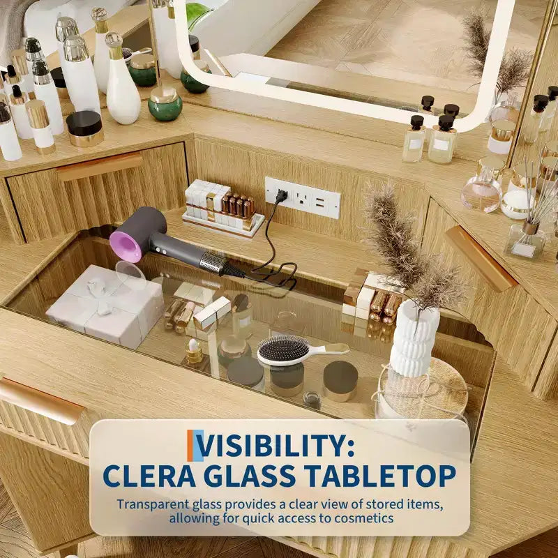 Corner Makeup Vanity Desk, Modern Vanity Desk, Fluted Makeup Vanity Desk, Clear Glass Top, for Living Room