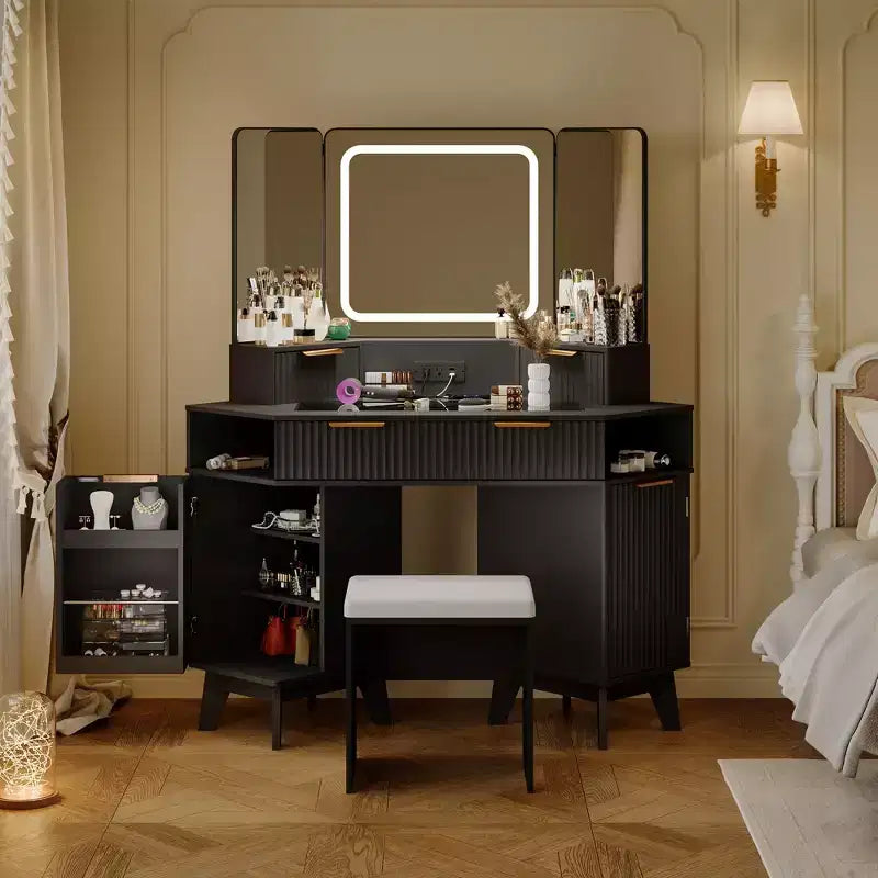 Corner Makeup Vanity Desk, Modern Vanity Desk, Fluted Makeup Vanity Desk, Clear Glass Top, for Living Room