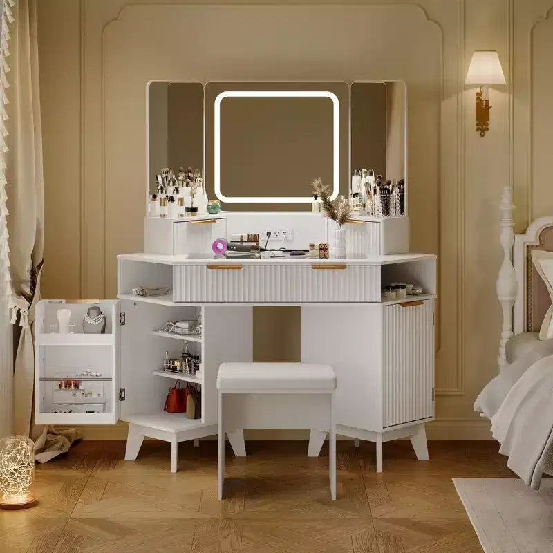 Corner Makeup Vanity Desk, Modern Vanity Desk, Fluted Makeup Vanity Desk, Clear Glass Top, for Living Room
