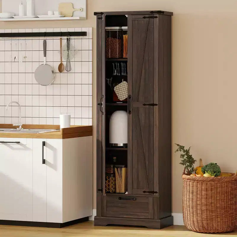 Brown Barn Door Pantry Cabinet with Drawer and Adjustable Shelves, 1-Person Assembly