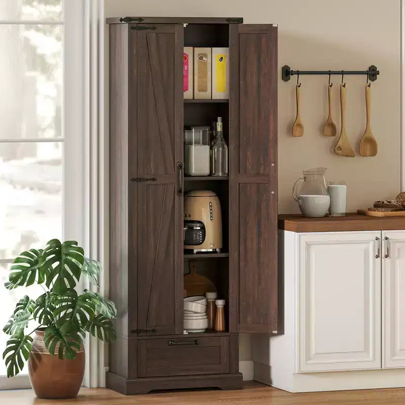 Credenza/Mobile Dispensa Marrone con Ante in Stile Fienile con Cassetto e Ripiani Regolabili, Montaggio per 1 Persona