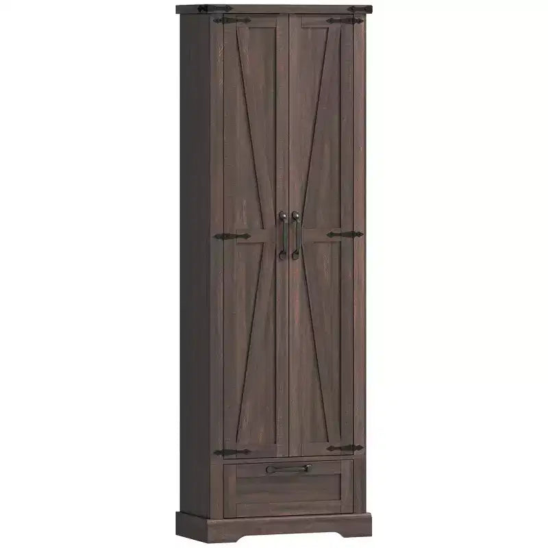Brown Barn Door Pantry Cabinet with Drawer and Adjustable Shelves, 1-Person Assembly