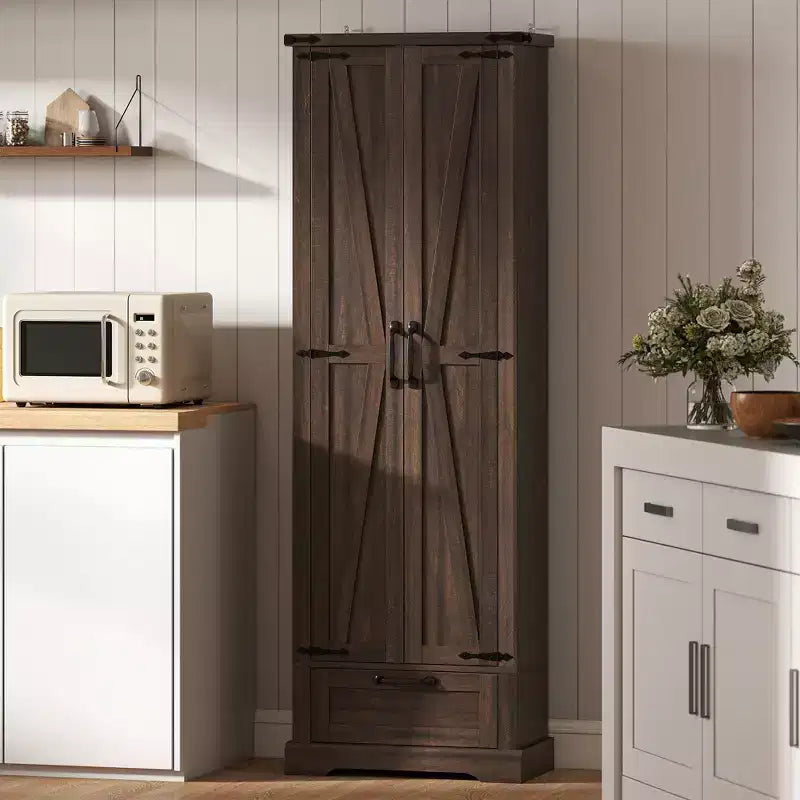 Credenza/Mobile Dispensa Marrone con Ante in Stile Fienile con Cassetto e Ripiani Regolabili, Montaggio per 1 Persona