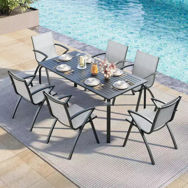 Gray Rectangular Outdoor Dining Table, 4-Leg, Seats 6