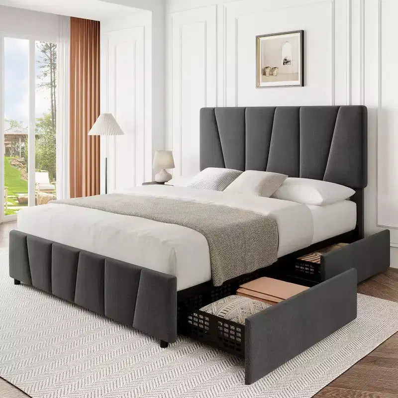 Telaio letto imbottito con testiera regolabile e cassetti contenitore - Doghe in legno, nessun box spring necessario, mobili moderni per la camera da letto