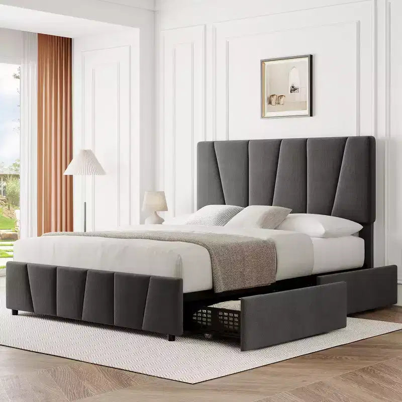 Upholstered Platform Bed Frame with Adjustable Headboard and Storage Drawers - Wooden Slats, No Box Spring Needed, Modern Bedroom Furniture