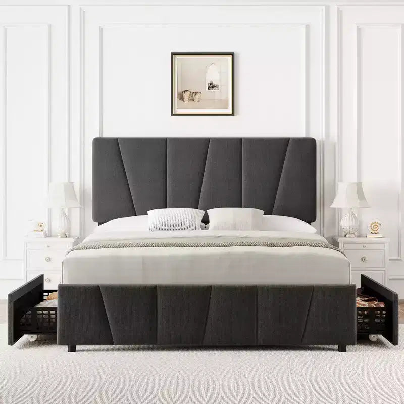 Telaio letto imbottito con testiera regolabile e cassetti contenitore - Doghe in legno, nessun box spring necessario, mobili moderni per la camera da letto
