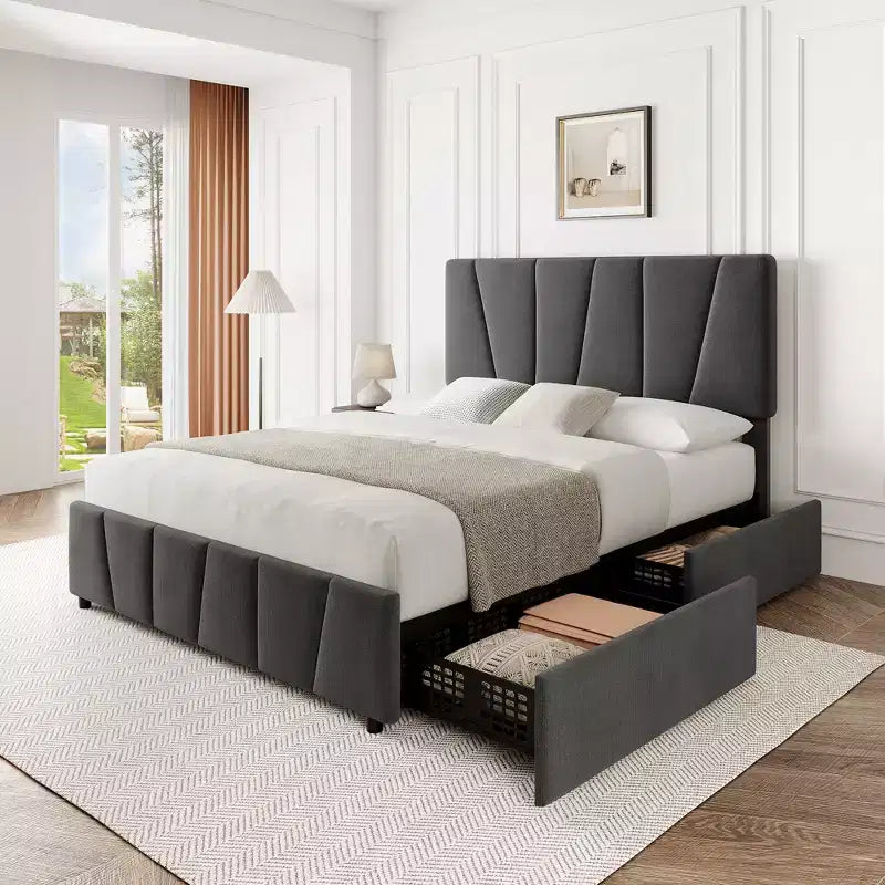 Telaio letto imbottito con testiera regolabile e cassetti contenitore - Doghe in legno, nessun box spring necessario, mobili moderni per la camera da letto