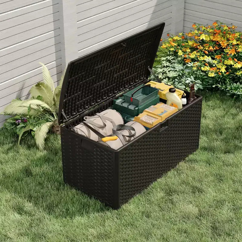 Baule da esterno in resina intrecciata, colore nero/marrone/bianco, 375 litri, capacità 1 persona