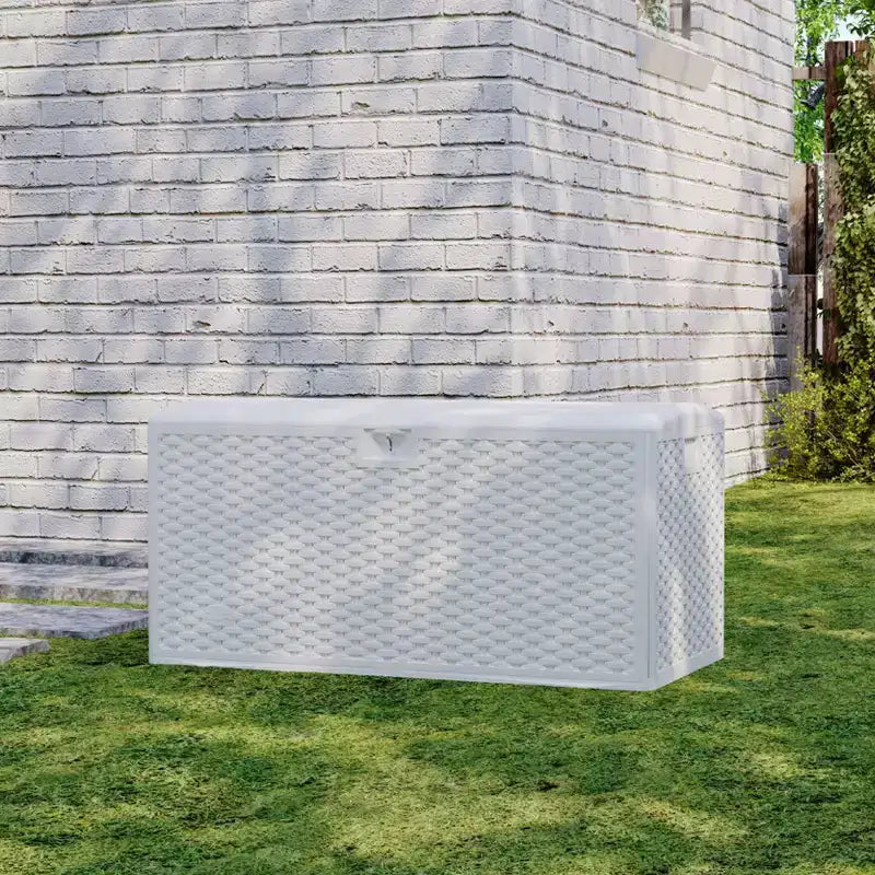 Baule da esterno in resina intrecciata, colore nero/marrone/bianco, 375 litri, capacità 1 persona