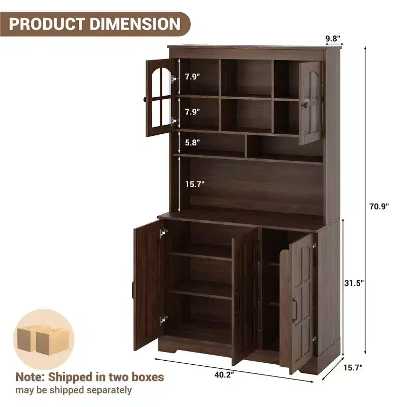 Dispensa da cucina con ante in vetro, 4 ante, in legno nero/marrone/bianco e marrone