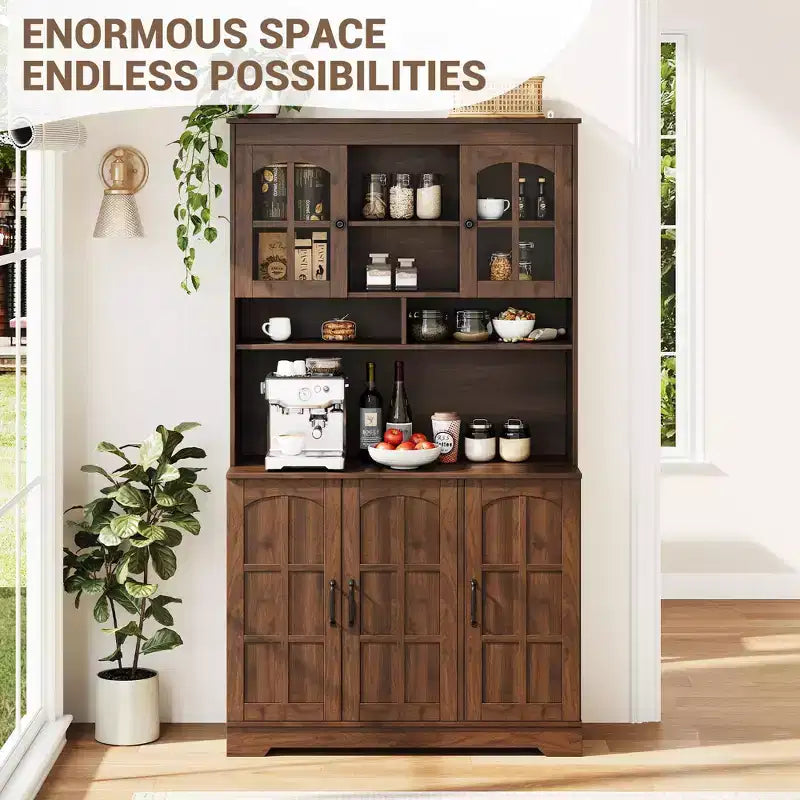 Dispensa da cucina con ante in vetro, 4 ante, in legno nero/marrone/bianco e marrone