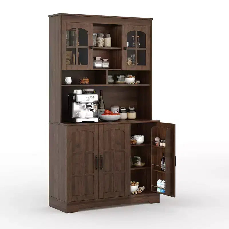 Dispensa da cucina con ante in vetro, 4 ante, in legno nero/marrone/bianco e marrone