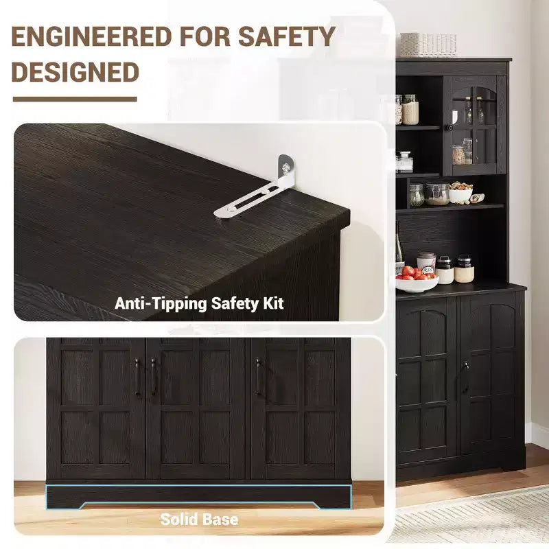 Dispensa da cucina con ante in vetro, 4 ante, in legno nero/marrone/bianco e marrone