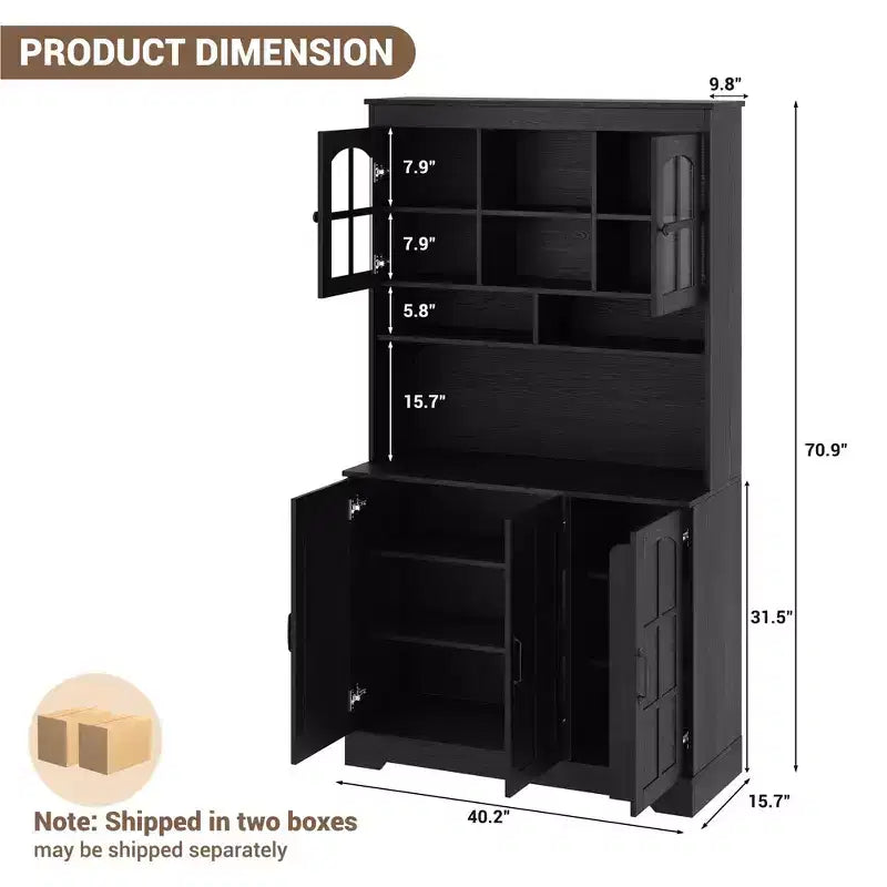 Black / Brown / White & Brown Wood Kitchen Pantry Cabinet with Glass Doors, 4-Door