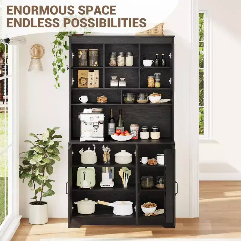 Dispensa da cucina con ante in vetro, 4 ante, in legno nero/marrone/bianco e marrone