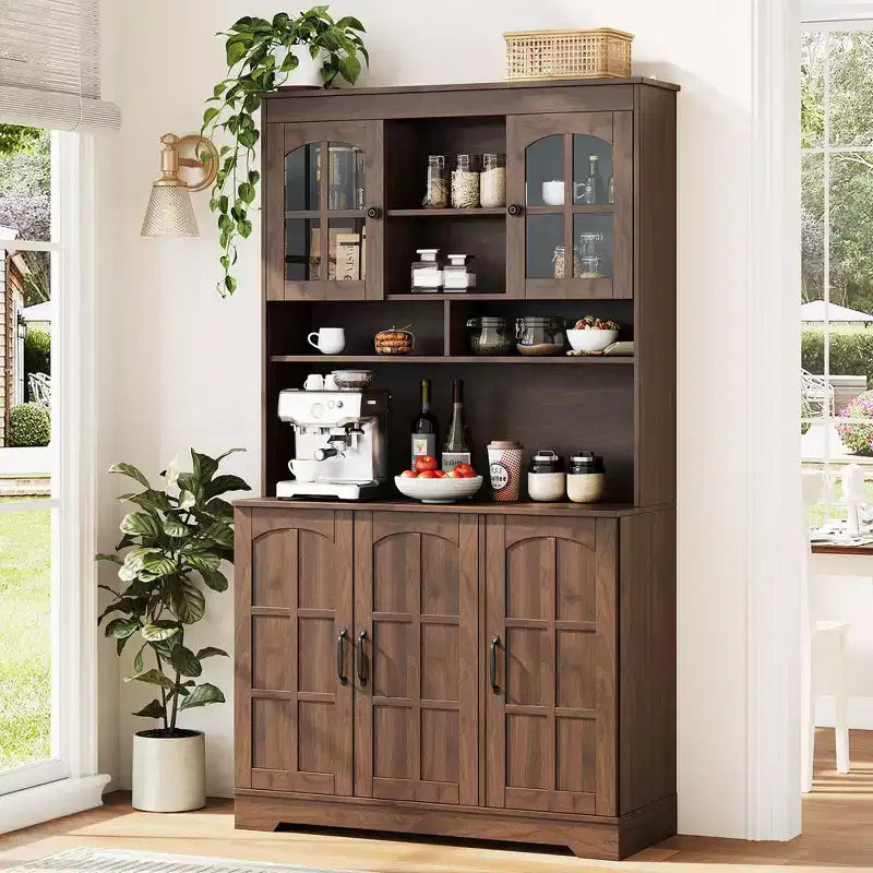 Dispensa da cucina con ante in vetro, 4 ante, in legno nero/marrone/bianco e marrone