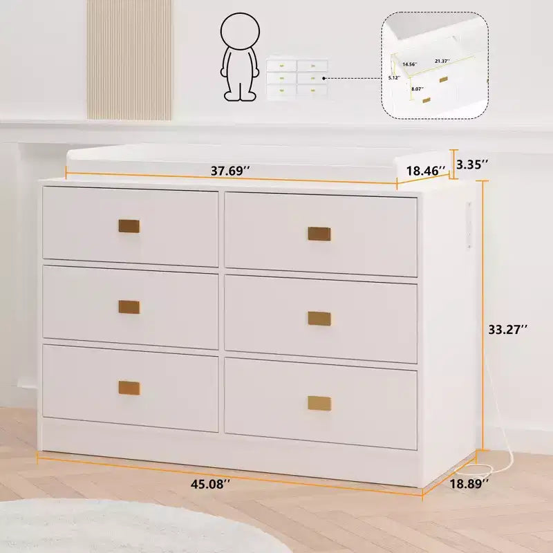 Cassettiera/fasciatoio bianco a sei cassetti per cameretta - piano rimovibile con fasciatoio, include spazio per vestiti e accessori.