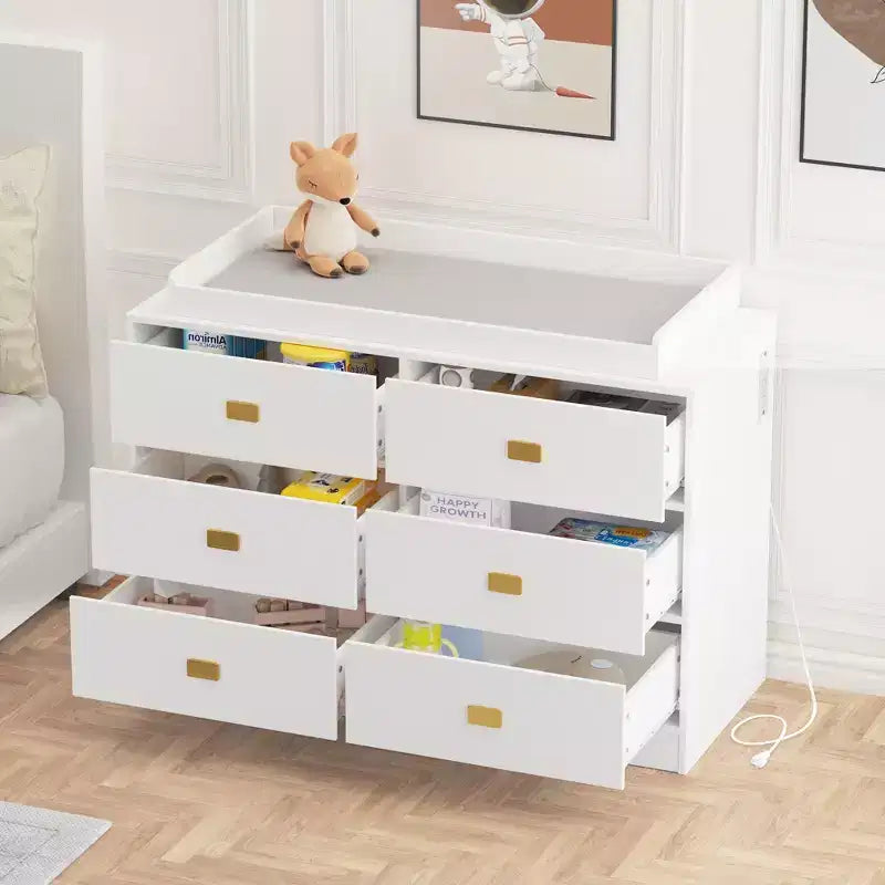 Cassettiera/fasciatoio bianco a sei cassetti per cameretta - piano rimovibile con fasciatoio, include spazio per vestiti e accessori.