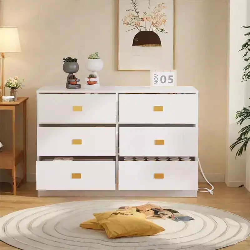 Cassettiera/fasciatoio bianco a sei cassetti per cameretta - piano rimovibile con fasciatoio, include spazio per vestiti e accessori.
