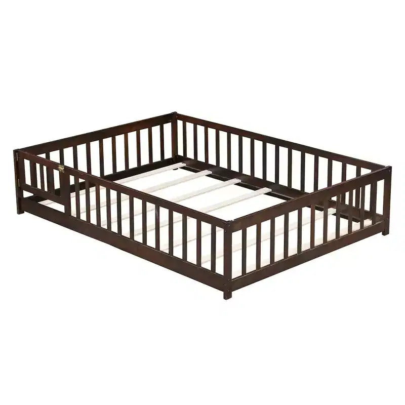 Bellemave Letto a Terra Montessori Completo con Recinzione e Porta, Struttura Bassa in Legno per Bambini con Sponde di Protezione, Legno Massello di Gomma, Facile da Montare