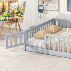 Bellemave Letto a Terra Montessori Completo con Recinzione e Porta, Struttura Bassa in Legno per Bambini con Sponde di Protezione, Legno Massello di Gomma, Facile da Montare