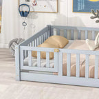 Bellemave Letto a Terra Montessori Completo con Recinzione e Porta, Struttura Bassa in Legno per Bambini con Sponde di Protezione, Legno Massello di Gomma, Facile da Montare