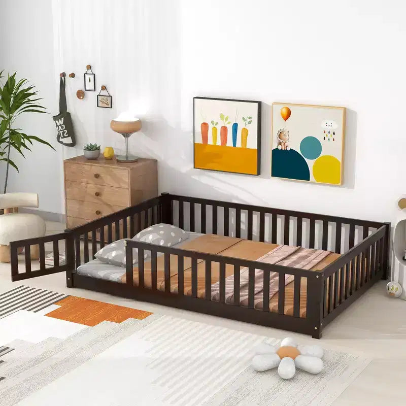 Bellemave Full Size Montessori Floor Bed with Fence & Door, Kids Low Wood Bed Frame with Guardrails, Solid Rubber Wood, Easy Assembly
