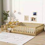 Bellemave Letto a Terra Montessori Completo con Recinzione e Porta, Struttura Bassa in Legno per Bambini con Sponde di Protezione, Legno Massello di Gomma, Facile da Montare