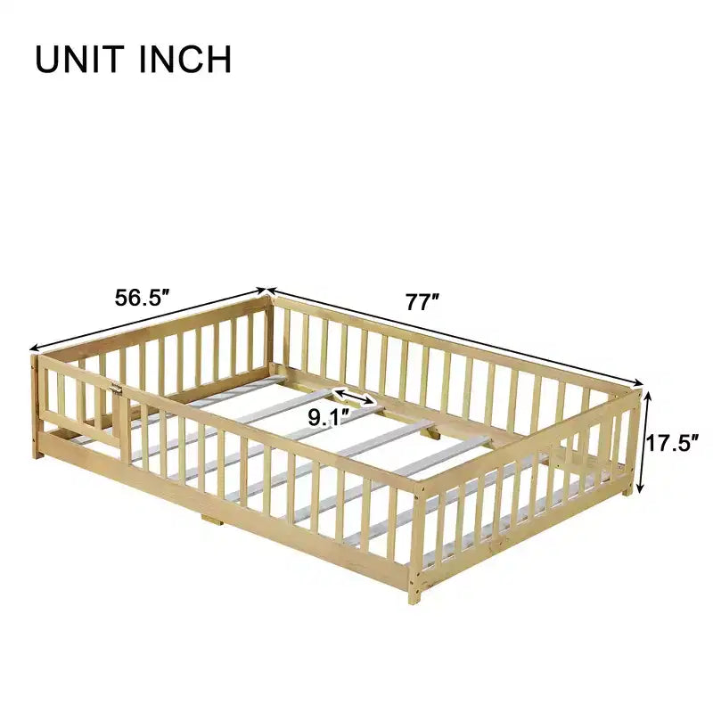 Bellemave Letto a Terra Montessori Completo con Recinzione e Porta, Struttura Bassa in Legno per Bambini con Sponde di Protezione, Legno Massello di Gomma, Facile da Montare