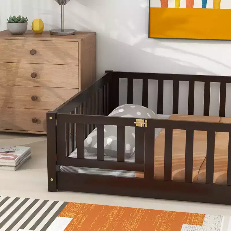 Bellemave Full Size Montessori Floor Bed with Fence & Door, Kids Low Wood Bed Frame with Guardrails, Solid Rubber Wood, Easy Assembly