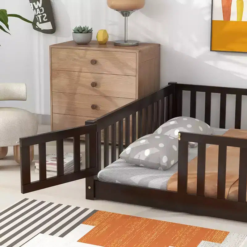 Bellemave Full Size Montessori Floor Bed with Fence & Door, Kids Low Wood Bed Frame with Guardrails, Solid Rubber Wood, Easy Assembly