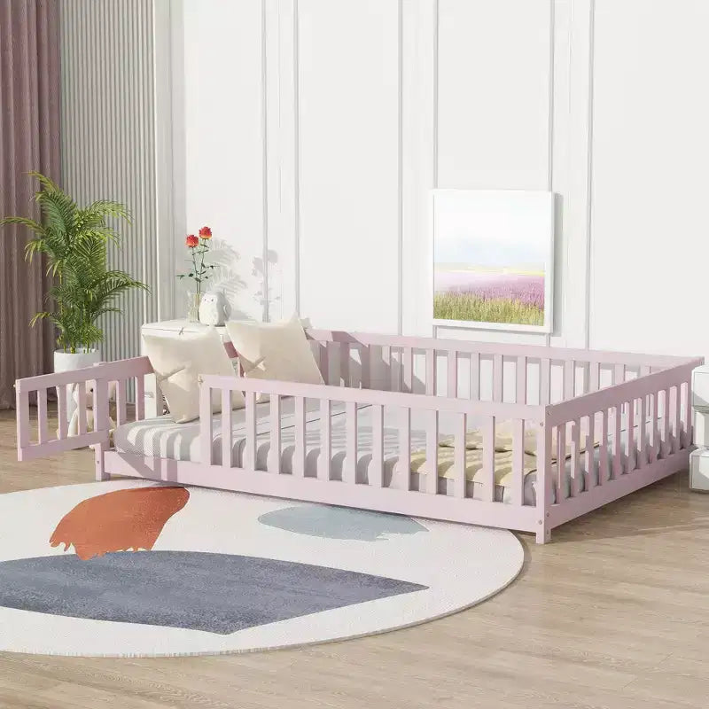 Bellemave Letto a Terra Montessori Completo con Recinzione e Porta, Struttura Bassa in Legno per Bambini con Sponde di Protezione, Legno Massello di Gomma, Facile da Montare