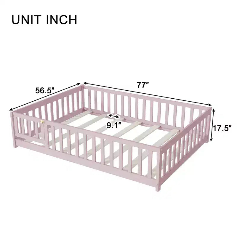 Bellemave Letto a Terra Montessori Completo con Recinzione e Porta, Struttura Bassa in Legno per Bambini con Sponde di Protezione, Legno Massello di Gomma, Facile da Montare