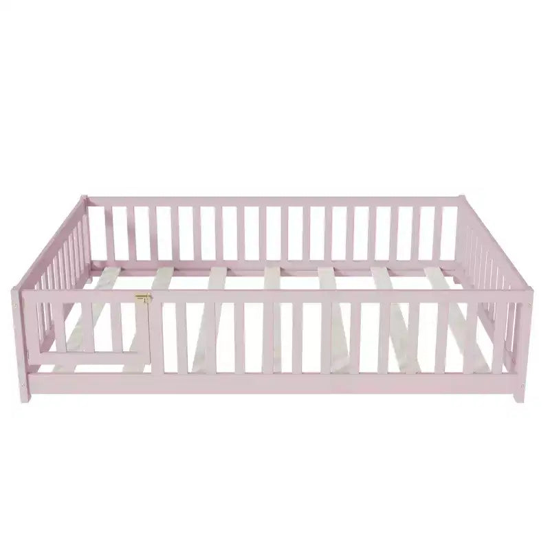 Bellemave Letto a Terra Montessori Completo con Recinzione e Porta, Struttura Bassa in Legno per Bambini con Sponde di Protezione, Legno Massello di Gomma, Facile da Montare
