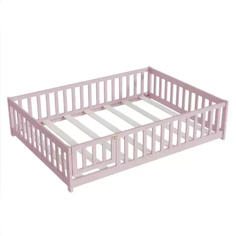 Bellemave Letto a Terra Montessori Completo con Recinzione e Porta, Struttura Bassa in Legno per Bambini con Sponde di Protezione, Legno Massello di Gomma, Facile da Montare