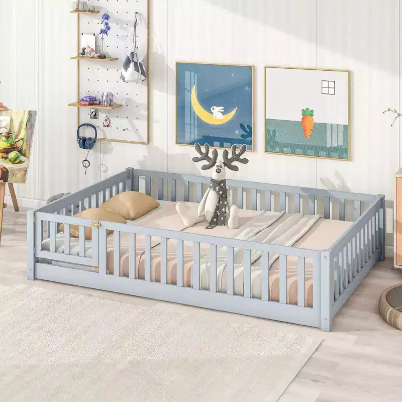 Bellemave Full Size Montessori Floor Bed with Fence & Door, Kids Low Wood Bed Frame with Guardrails, Solid Rubber Wood, Easy Assembly