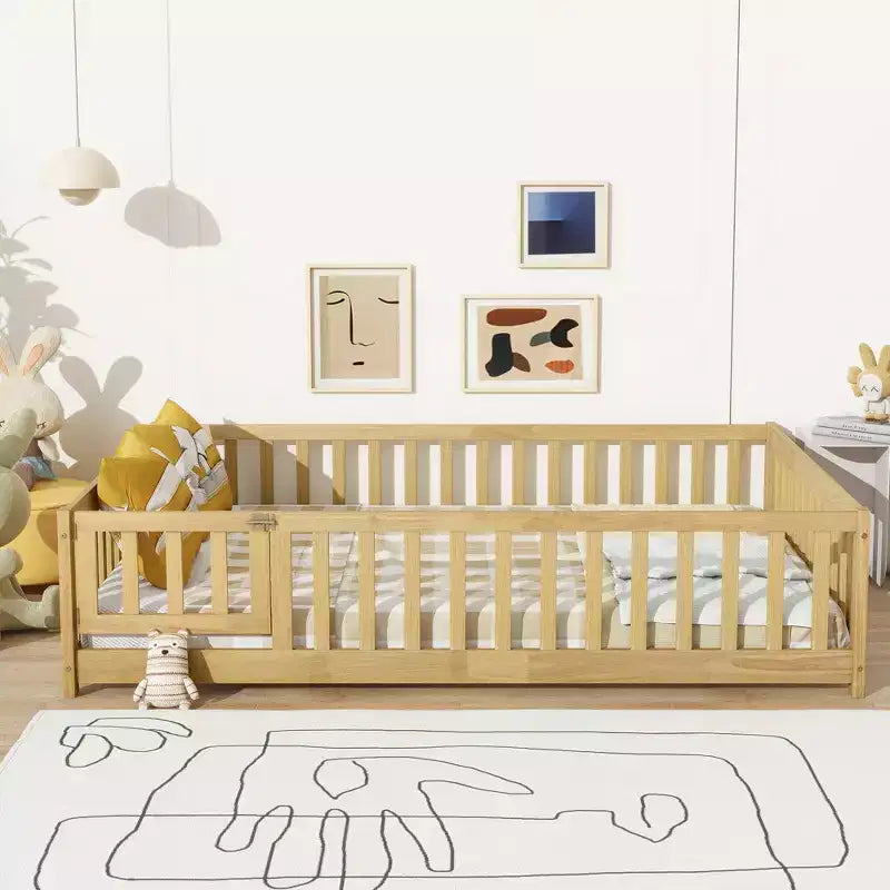 Bellemave Full Size Montessori Floor Bed with Fence & Door, Kids Low Wood Bed Frame with Guardrails, Solid Rubber Wood, Easy Assembly