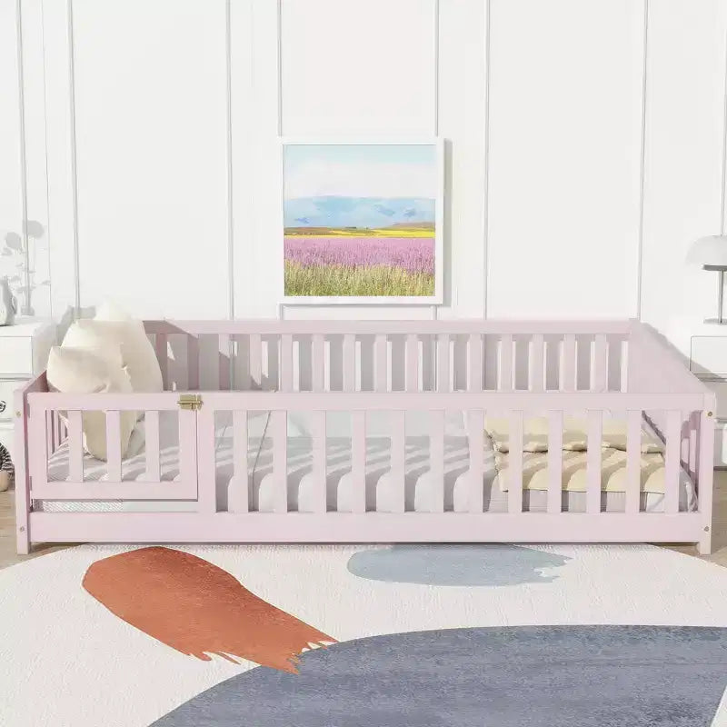 Bellemave Full Size Montessori Floor Bed with Fence & Door, Kids Low Wood Bed Frame with Guardrails, Solid Rubber Wood, Easy Assembly