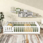 Bellemave Letto a Terra Montessori Completo con Recinzione e Porta, Struttura Bassa in Legno per Bambini con Sponde di Protezione, Legno Massello di Gomma, Facile da Montare