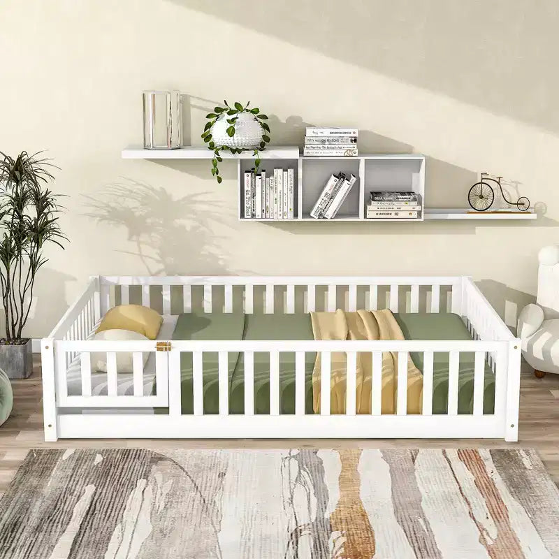 Bellemave Full Size Montessori Floor Bed with Fence & Door, Kids Low Wood Bed Frame with Guardrails, Solid Rubber Wood, Easy Assembly