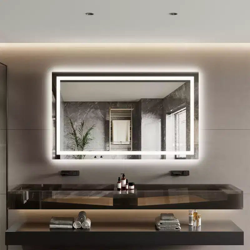 Frameless LED Bathroom Mirror with Double Light Strips, Dimmable Front & Back Lighting, Anti-Fog, 3 Color Temperatures, Memory Touch Control