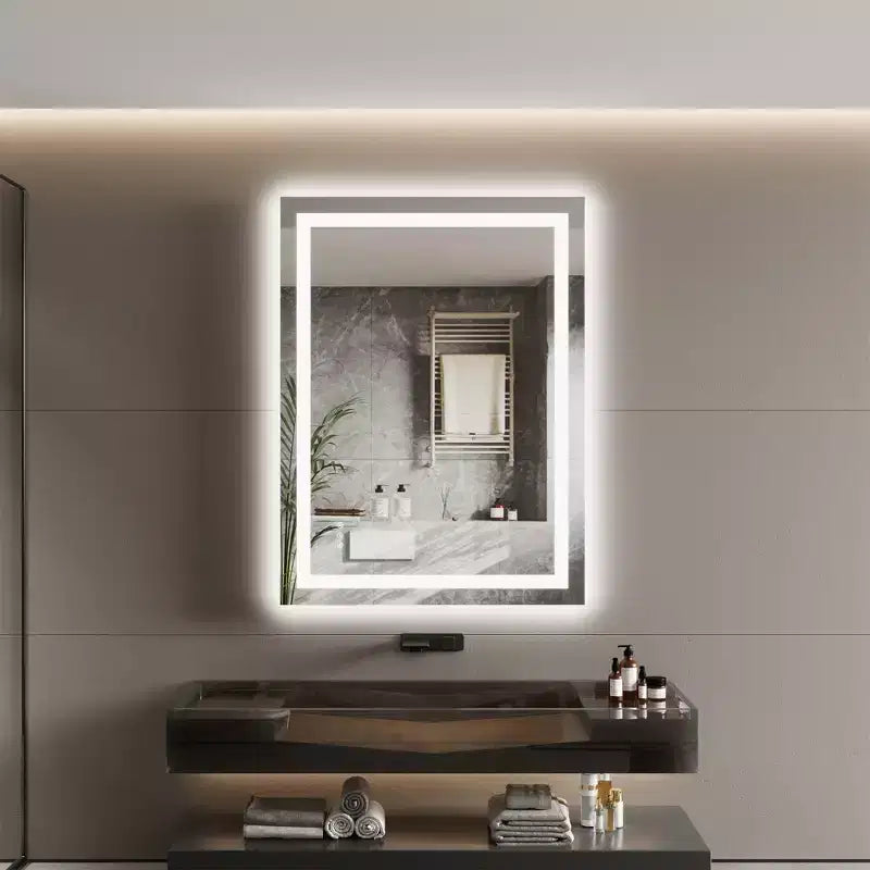 Frameless LED Bathroom Mirror with Double Light Strips, Dimmable Front & Back Lighting, Anti-Fog, 3 Color Temperatures, Memory Touch Control