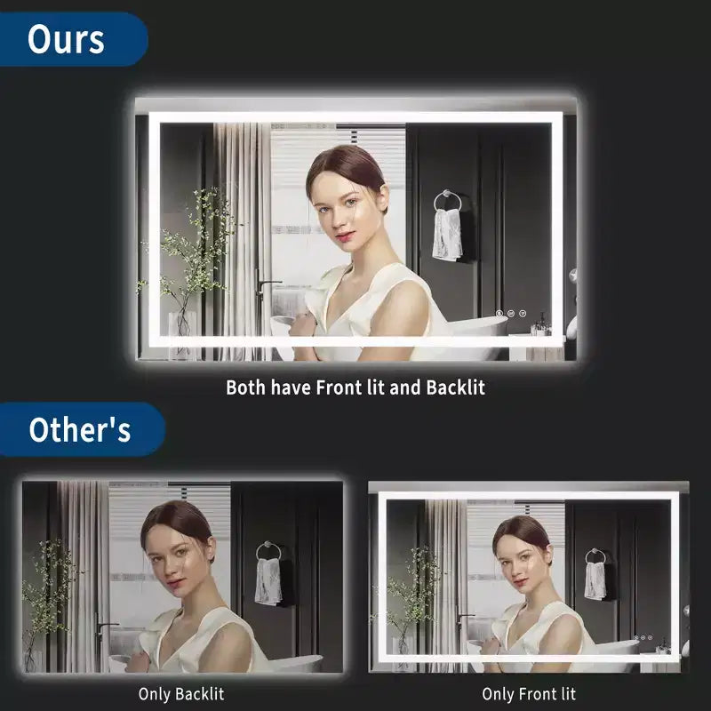 Frameless LED Bathroom Mirror with Double Light Strips, Dimmable Front & Back Lighting, Anti-Fog, 3 Color Temperatures, Memory Touch Control