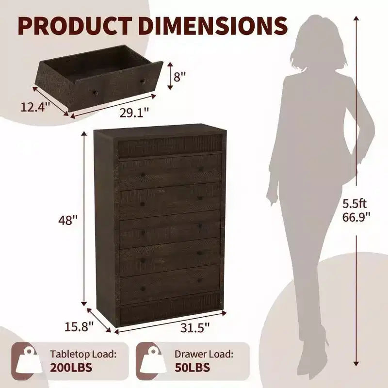 Brownish Red / Wood Color Fluted 5-Drawer Dresser