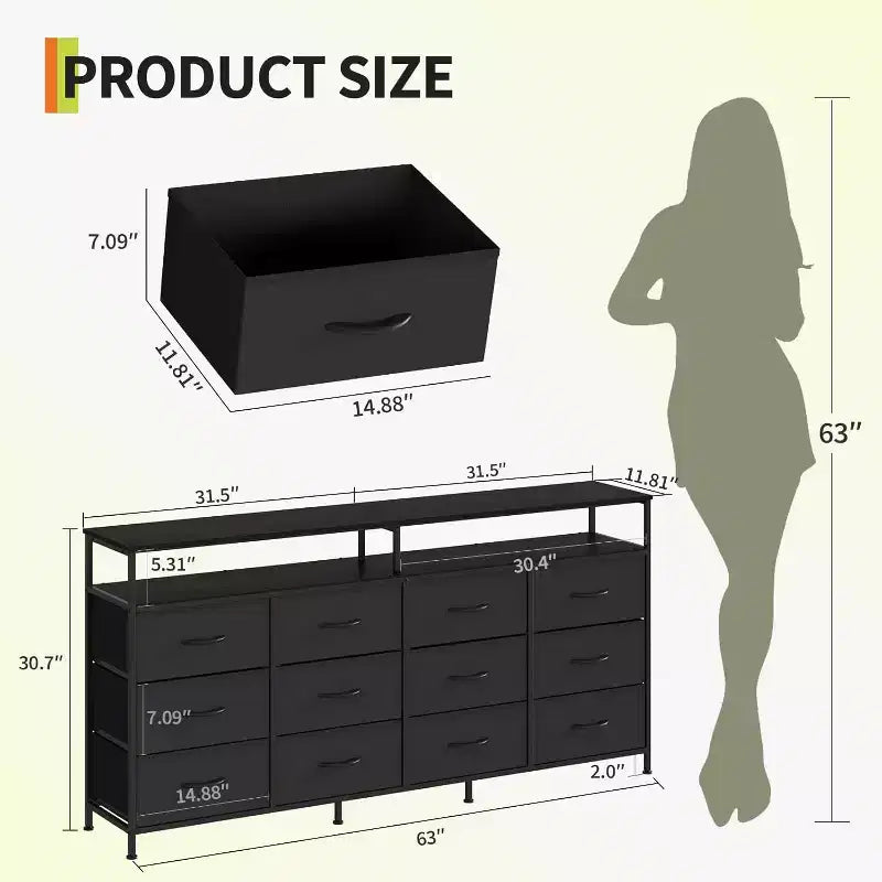 63" Fabric Dresser with 12 Drawers & Open Shelves – Black / Tiger / White, 1-Person
